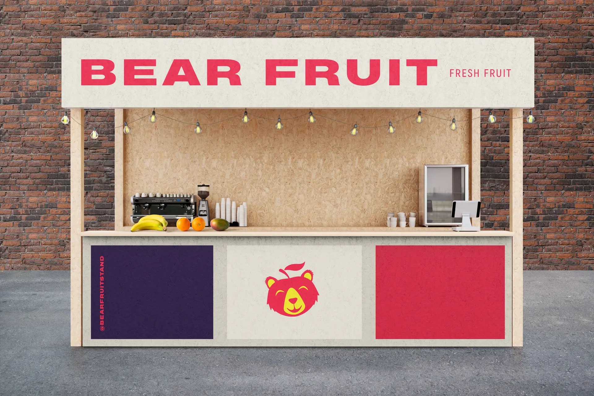 Bear Fruit fruitstand and cafe restaurant branding by Bullhearted Branding Studio food hall stall design